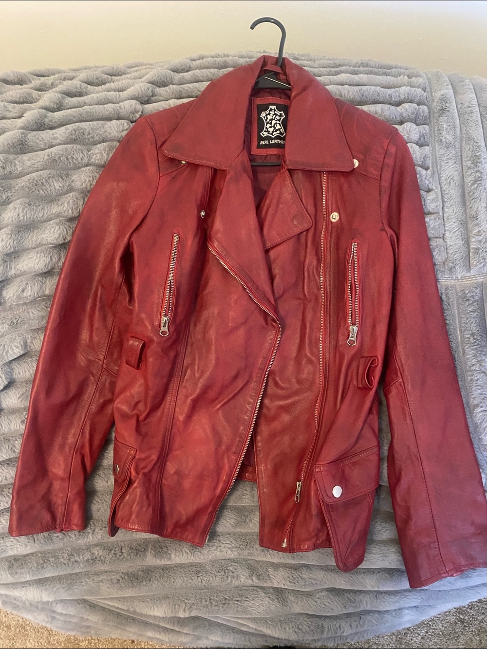 Women’s Red Leather Moto Jacket with Zip Details
